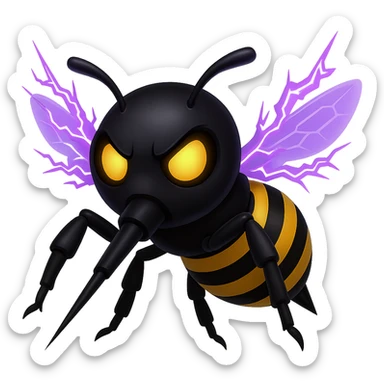 Create a menacing robotic bee with a black head and a syringe stinger, featuring purple crackling energy wings. The style should resemble apple style emojis with concise details and vibrant colors. sticker