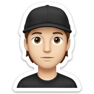 a white bro with brunette hair, wearing a black cap and a black shirt sticker
