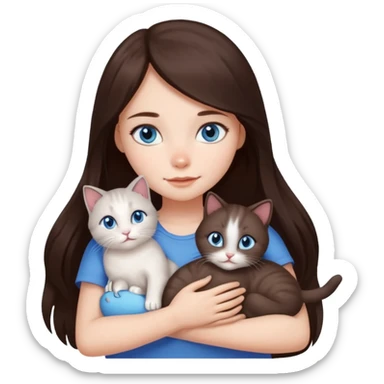 a pretty girl with long dark 
brown hair, with blue eyes, hugs 3 different natural coloured small cats sticker