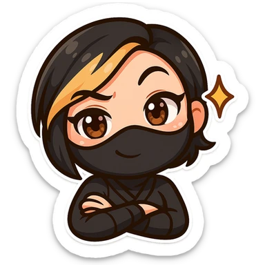 Make the design even more kawaii chibi: super cute, big sparkling eyes, rounder face, smaller mouth, extra soft colors, sexy chibi ninja girl with black short hair and a blonde streak, only head and arms, colorful chibi style, bold outlines, transparent background, no mask, extra smug grin with both eyebrows raised and a little sparkle by her face, sized for Twitch emoji use. sticker