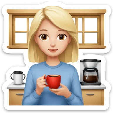 Blonde girl with a cup of coffee in the kitchen  sticker