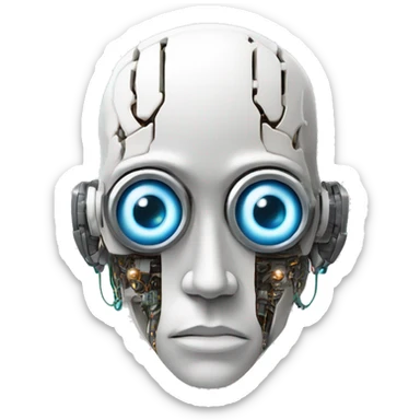 Flat white plating on cyborg head with  one artificial eyeball, circuitry, goateer sticker