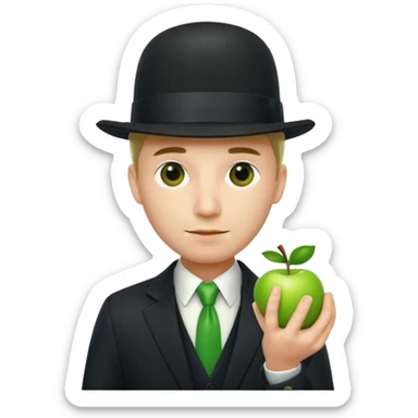 homme en costume chapeu melon aven avec une pomme verte qui cache son visage  sticker