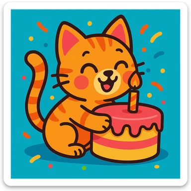 colorful cartoon style animated kitten hugging a birthday cake sticker