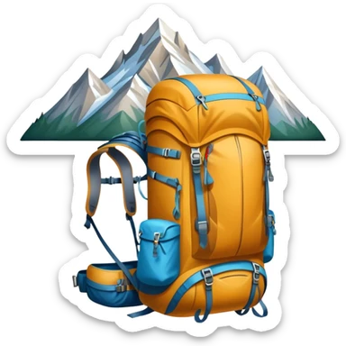 Icon for Mountain Tourism and Climbing: a mountain peak in the background, climbing gear and backpack. The icon should capture the adventure and challenge of alpine exploration. Transparent background. sticker