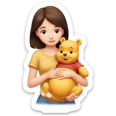 Pretty brunette girl rubbing Winnie the Pooh’s belly sticker