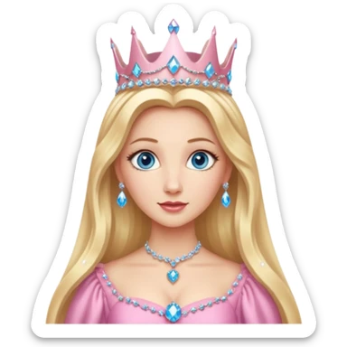 Glinda the Good Witch from The Wizard of Oz with light skin, blue eyes, long blonde hair, pink outfit and crown sticker