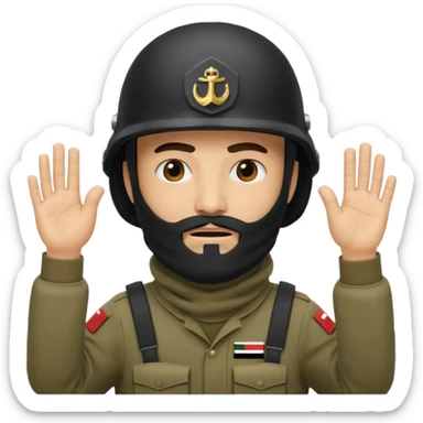 surrenders, depicts an Iraqi soldier from 1980, with a beard, in a helmet, with a balaclava, with a sad face and raised hands sticker