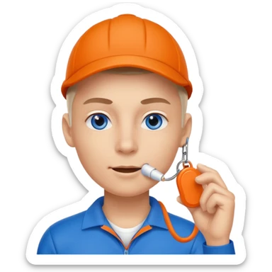 Make a friendly emoji style mascot for Sports Eye. Character will be blue sporty eye with a face, wearing a whistle, symbolizing coach giving guidance. design should be modern, friendly, & energetic, like a sports coach avatar. Primary color #2051E5 small touch of orange. sticker