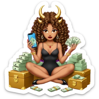 seductress evil brown curly haired sexy drug lord woman with  glitter platform high heels on her feet,  and devil black horns on her head, holding a stack of cash, has a phone in other hand. Sitting on  Cases of drugs. Goddess evil sticker