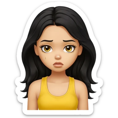 a pretty bratz girl with long wavy black hair, wearing a yellow tank top. looking sad sticker