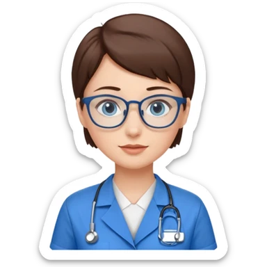 Blue eyes very short brown hair with glasses woman in care assistant blue uniform sticker