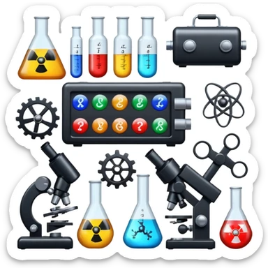 toolbox science, chemicals, mechanical gears, electronics, resistors, ic, microscope, nuclear model, radioactivity sticker