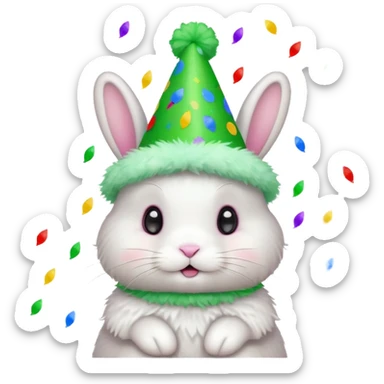Rabbit in Green Party Hat – white bunny with cone party hat and confetti. sticker