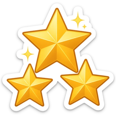 3 golden stars, one big in the center and two smaller on the sides, with a subtle gradient and sparkles (emoji style) sticker