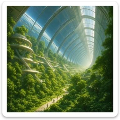 Elysium space station, interior view, lush greenery, futuristic architecture, sunlight streaming in, utopian vibe sticker
