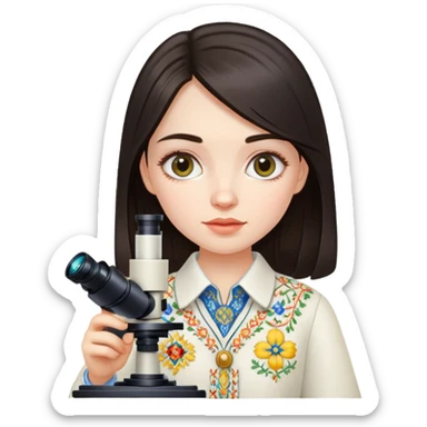 Ukrainian girl with dark hair in traditional embroidered shirt holding a microscope sticker