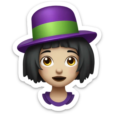Sad clown girl wearing joker’s hat jesters hat with short chin length straight black hair exaggerated expression on her face  sticker