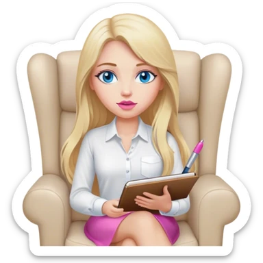 Cinematic realistic blonde with long hair, blue eyes and pink lips, sitting in a beige armchair with a notebook and pen in her handsshirt, sits in a beige armchair with a notebook and pen in her hands sticker