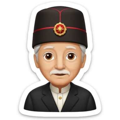 black suited old with fes hat sticker