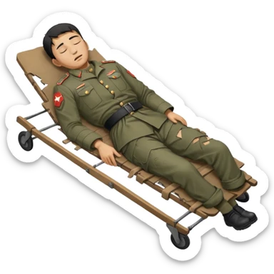 a man of oriental appearance, dressed in torn clothes, full length, with closed eyes, head lying on a stretcher, in a prone position, with injuries on a black military stretcher, 1980 sticker