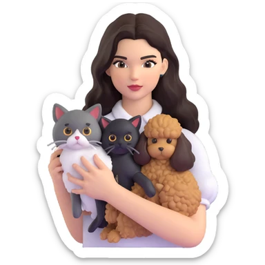 Kendall Jenner with long dark hair, holding a brown poodle and a black and white cat sticker