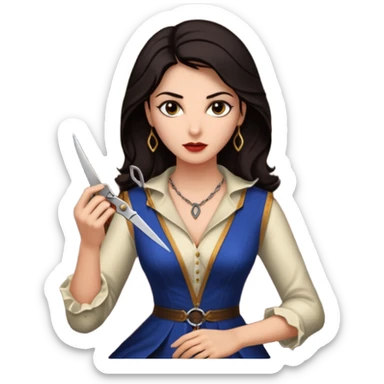 Delilah, a beautiful Philistine woman with dark hair and elegant clothing, seated in a dimly lit room. She has a cunning, seductive expression as she holds a pair of scissors, symbolizing her betrayal of Samson. sticker