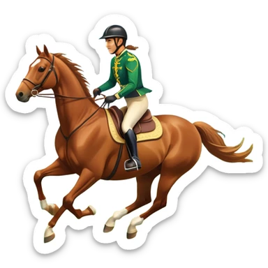 An icon featuring a horse and rider galloping gracefully over a lush green field. The rider is in full gear, guiding the horse with precision. The background shows rolling hills, a clear blue sky, and vibrant sunlight illuminating the scene. Transparent background highlights the elegance sticker