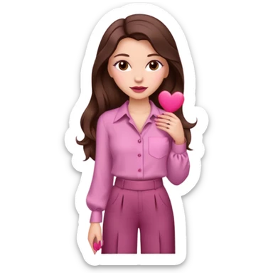  emoji, white person, inspired with brunette hair, brown eyes, long hair, heart shape lips and pink make up  and pink nails, mauve pink blush and brown wide leg pants, burgundy shoulder drop shirt, brown heels , princess hair, brown heels, no floating hearts  sticker