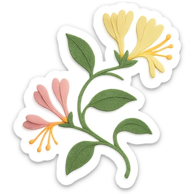 honeysuckle vine, layered paper details, winding green stems, delicate yellow and pink blossoms, naturalistic pose sticker