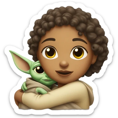 A curly girl with white skin hugging baby yoda   sticker