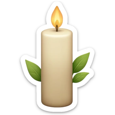Minimal emoji-style illustration of a candle with a tiny green leaf accent, earthy neutral colors, soft rounded shapes, clean aesthetic look. sticker