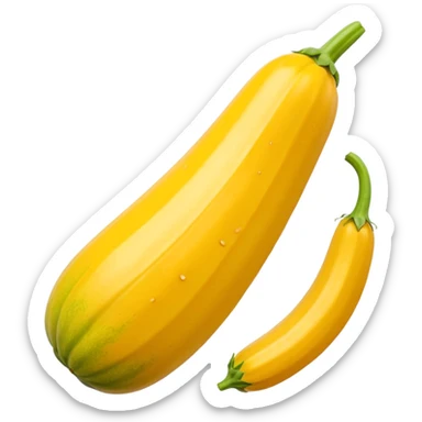 whole yellow zucchini with smooth glossy skin, gently tapered shape, fresh green stem, vibrant golden-yellow color with subtle striping or mottling, firm texture, soft reflections, fresh look, no slice or garnish, apple emoji style, soft lighting, subtle shadows, transparent background, emoji scale sticker