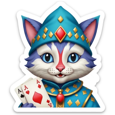 crazy colorful cute little cat jolly joker from poker, medieval, vintage, court jester, mac os icon, blue color, holds a poker card sticker