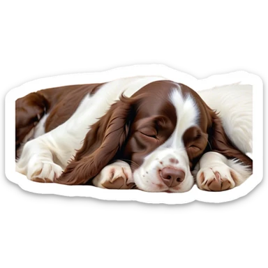 Meme-Worthy Cute Sleeping Springer Spaniel Portrait Emoji, Head resting peacefully with a contented smile, showcasing a delightfully agile build and a luxuriously soft liver and white Fur, eyes shut in a serene nap, Simplified yet hilariously adorable features, highly detailed, glowing with a soft, drowsy light, high shine, relaxed and utterly lovable, stylized with an air of playful laziness, bright and heartwarming, soft glowing outline, capturing the essence of a comically sleepy companion, so meme-worthy it feels like it could instantly become the next viral sensation of adorable slumber! sticker