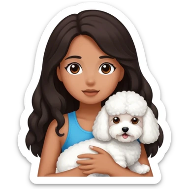 A tanned girl with dark, long hair and a bichon sticker