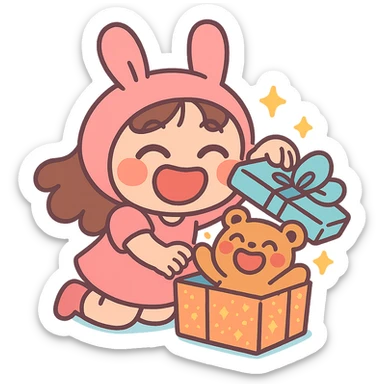 laughing chibi girl in bunny hat opening glittery gift box with laughing teddy bear inside, pastel-toon style sticker