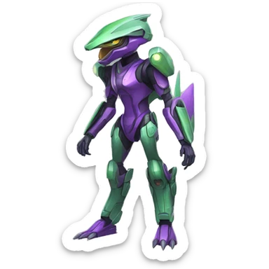 a purple-green Genesect-Raptor-Fakémon—hybrid with a futuristic visor-helmet full body sticker