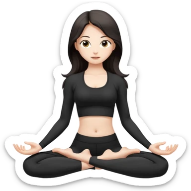 Девушка белокожая, с длинными темными волосами, в черной одежде для йоги, стоит в позе лотоса, в стиле бимбо пилатес, правильные пропорции, только человек sticker