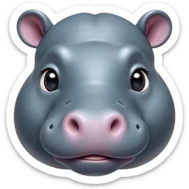 Cinematic Cute Hippo Portrait Emoji, Head tilted playfully and inquisitively, featuring a glossy slate-gray hide with a gentle sheen and round, sparkling eyes filled with curious charm, Simplified yet irresistibly adorable features, highly detailed, glowing with a warm, friendly glow, high shine, affectionate and serene, stylized with a touch of aquatic whimsy, bright and endearing, soft glowing outline, capturing the essence of a mischievous yet loving hippo, so playful it feels like it could splash out of the screen and into your arms! sticker