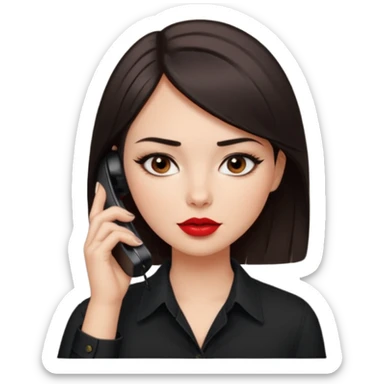 generate a pretty fair bratz girl with dark brown eyes. Dark brown hair straight short hair. tight black button up shirt with top shirt open.  Talking on the phone. Red lipstick, eyeliner on sticker