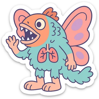piranha with butterfly wings, rabbit feet, fluffy fur, human-like arms, visible lungs, pastel colors sticker