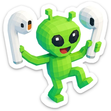 white EarPods headphones floating in space, with a cartoonish alien dancing while holding them sticker