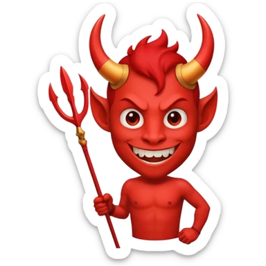 Red devil with short horns and trident, grinning mischievously sticker