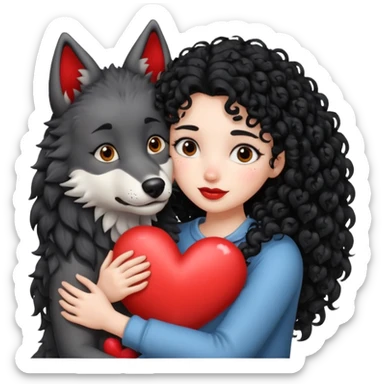 Black curly hair white skin girl hugging one big wolf with hearts above them sticker