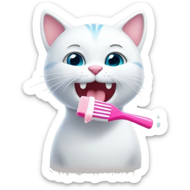 Cute white cat brushing teeth with pink toothbrush  sticker