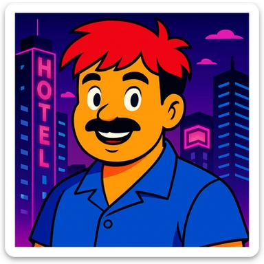Make the face a bit rounder and add a smile, keep the vibrant toon style, neon city background, and all original colors and lighting sticker