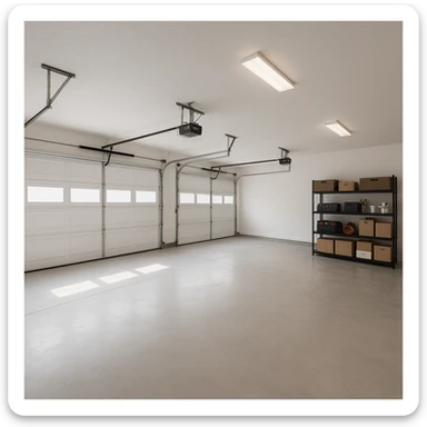 spacious garage with three entryways, clean and minimal, storage shelves sticker