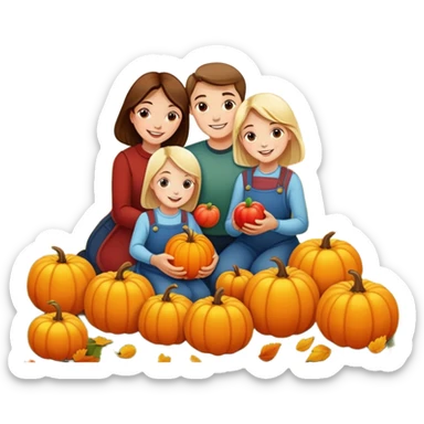 family picking apples and pumpkins together, autumn background, joyful sticker