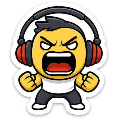 Make the bold guy with headphones look angrier and more intense while screaming in the style of cartoonish stickers. sticker